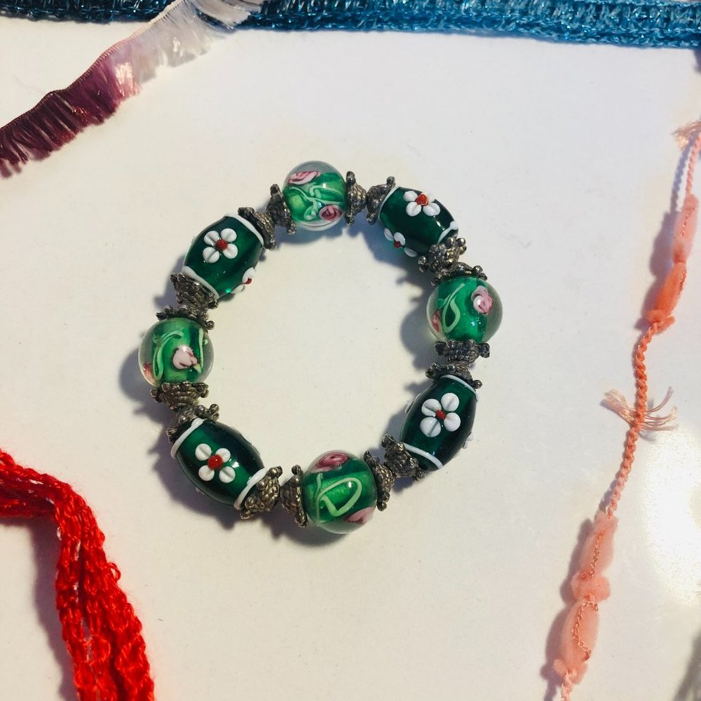 Green Chinese Cloisonne Bead Bracelet with Round Light & Vintage Floral Beads